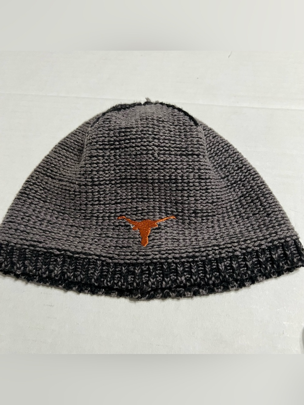 OutDoor Gray Knit Beanie with Orange Longhorn Logo 10 inches long laying flat